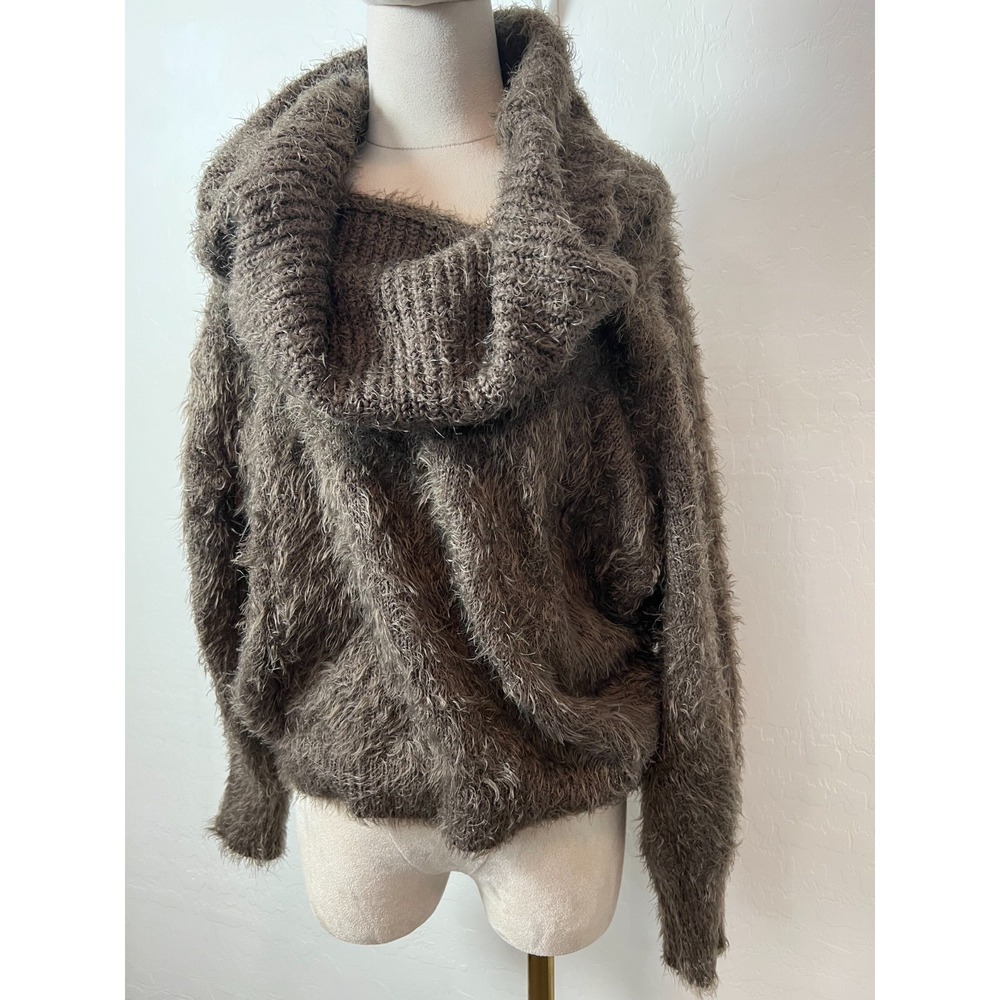 Express Womens Sweater Brown Fluffy Cowl Neck Long Sleeve Cotton Blend Large